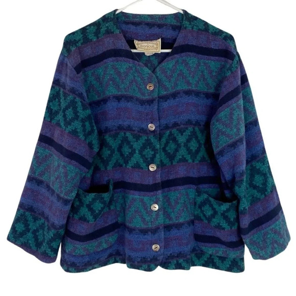 Vintage 80s 90s Tribal Cardigan Shirt Jacket Shacket Bonjour Womens Size Large - Picture 1 of 12